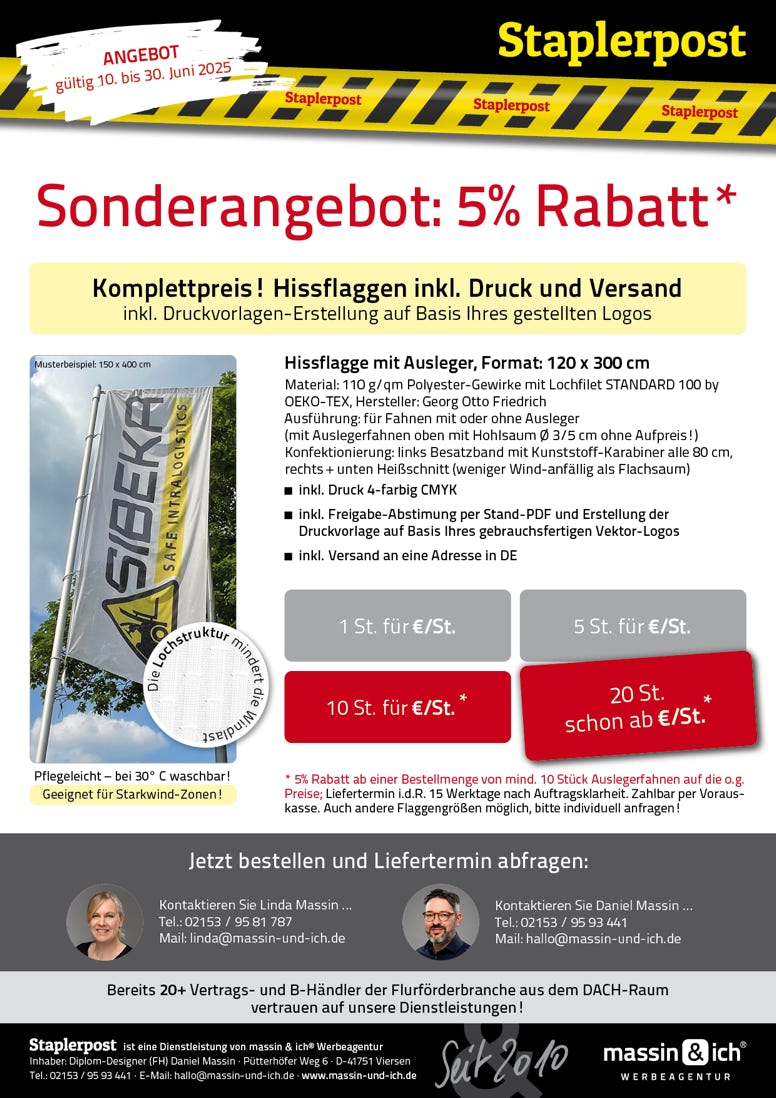 Staplerpost Sonderangebot f&uuml;r JUNI Hissflaggen zum Komplettpreis inkl. Druckvorlagen-Erstellung, Druck und Versand