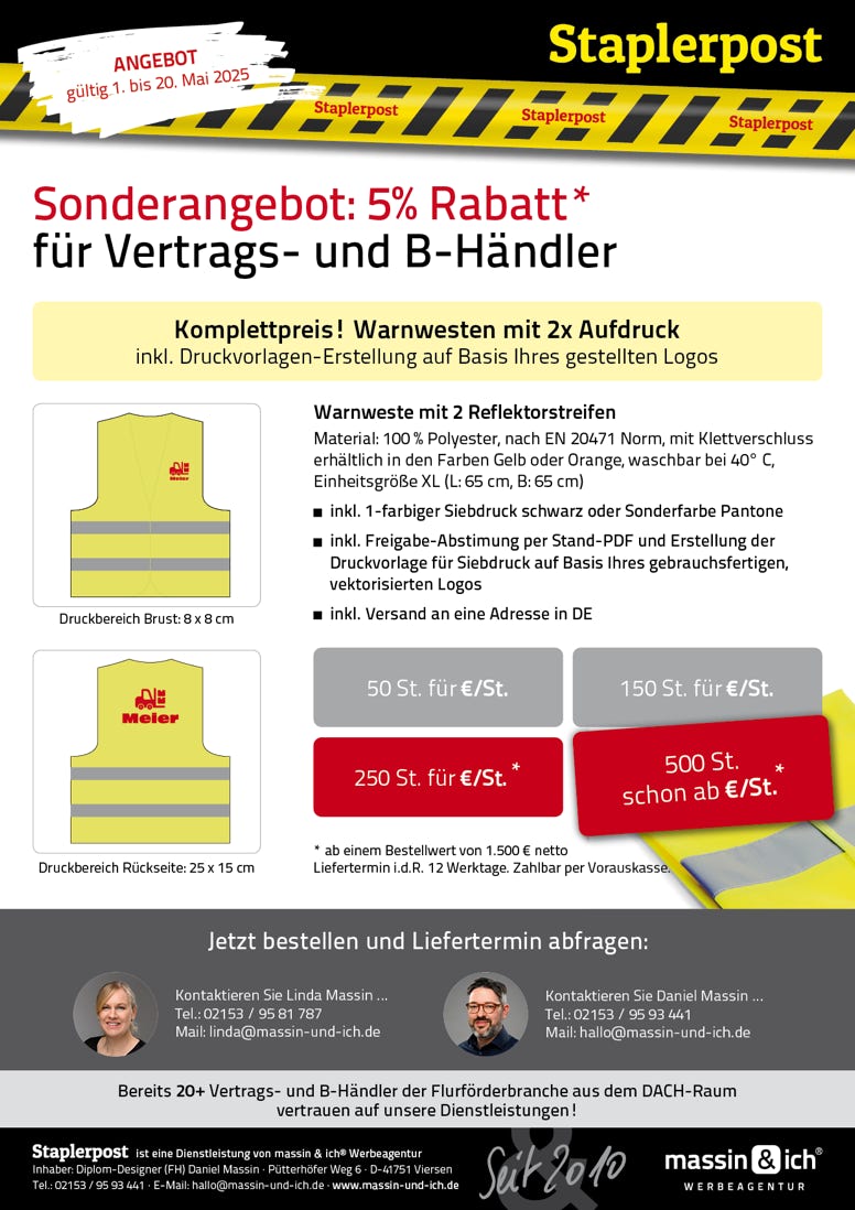 Staplerpost Sonderangebot f&uuml;r MAI Warnwesten zum Komplettpreis inkl. Druckvorlagen-Erstellung, Druck und Versand